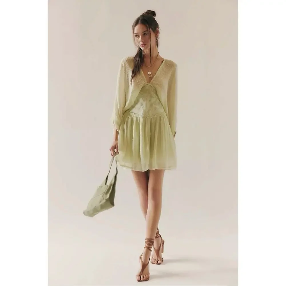 Free People Bohemian Ethereal Cottage Sweet Dreams Mini Dress Frozen Dew Size XL